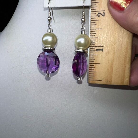 Faux Pearl and Purple Crystal Dangle Earrings - Picture 2 of 5